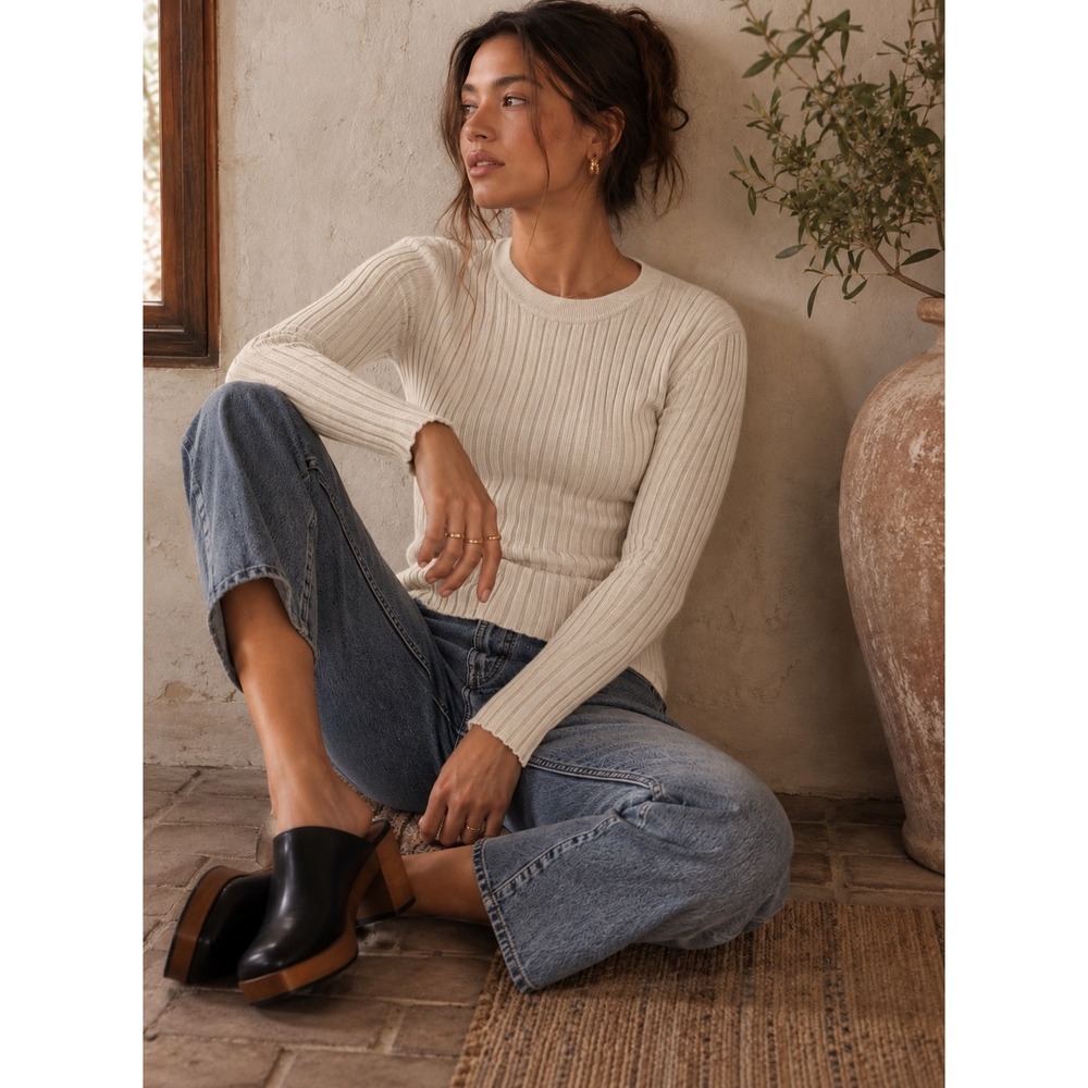 Quince Ribbed Knit Cotton Cashmere Blend Crew Neck Sweater Small Heather Oatmeal
